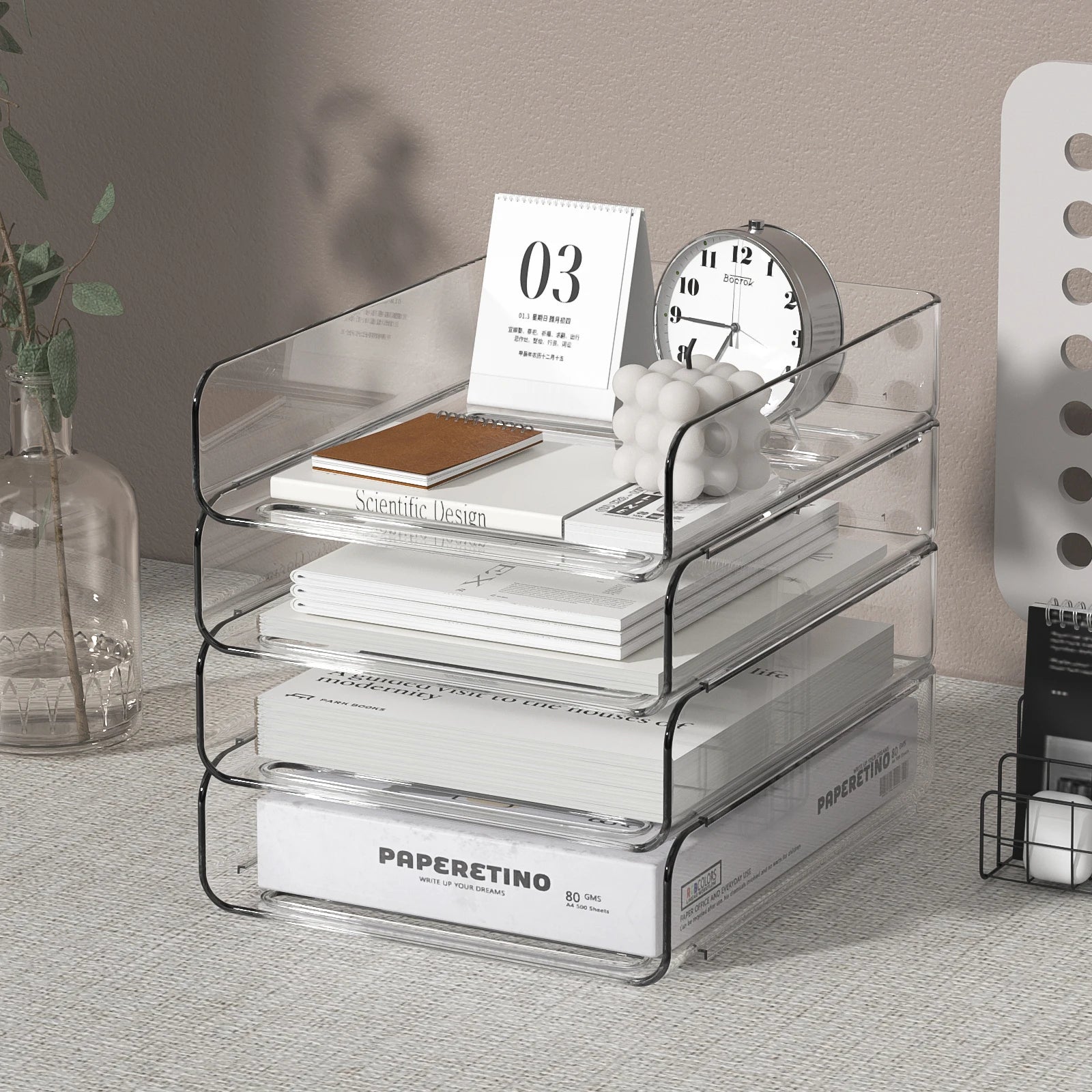 4-Tier Desk Paper Storage Rack, Stackable Desktop Paper Storage Tray, Great for Office Supplies, A4 Storage (Transparent, 4-Tier