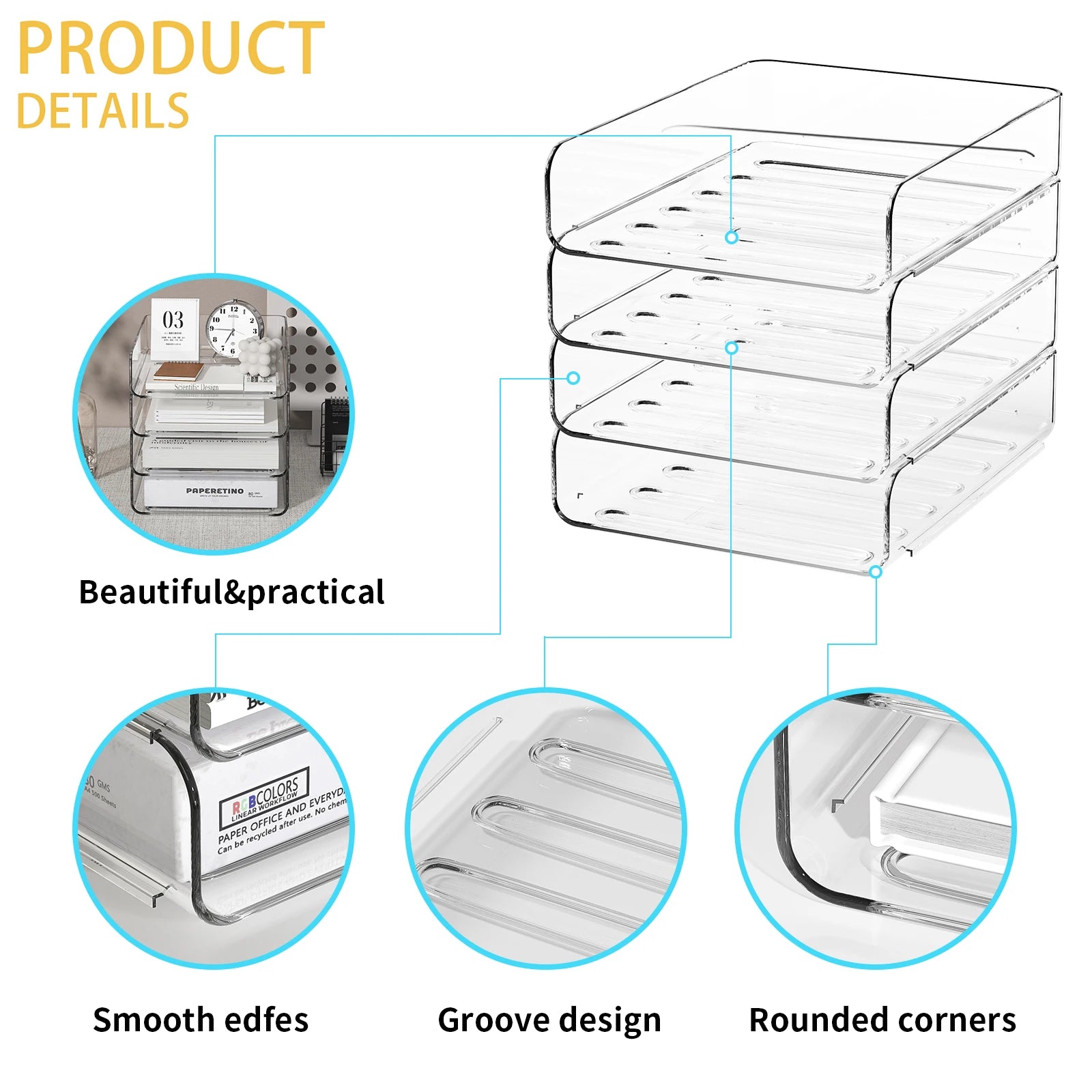 4-Tier Desk Paper Storage Rack, Stackable Desktop Paper Storage Tray, Great for Office Supplies, A4 Storage (Transparent, 4-Tier