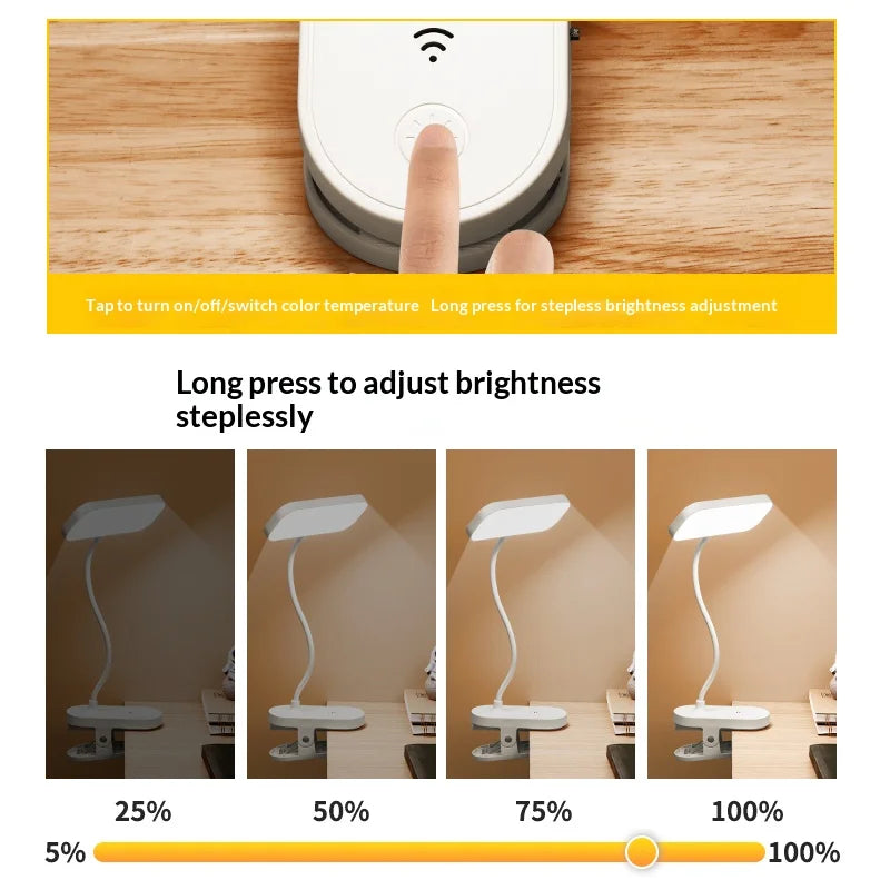 USB Rechargeable Clip-on LED Desk Lamp, Eye-Caring Reading Light for Students, Dorm Bedroom Desk Study Office Portable Lamp