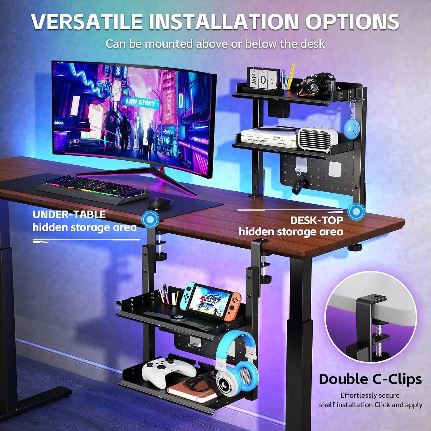 Metal Clamp On Desk Shelf,Adjustable 16 inch Desk Storage Shelves with Pegboard Pencil Holder Desktop Organizer Headphone Holder