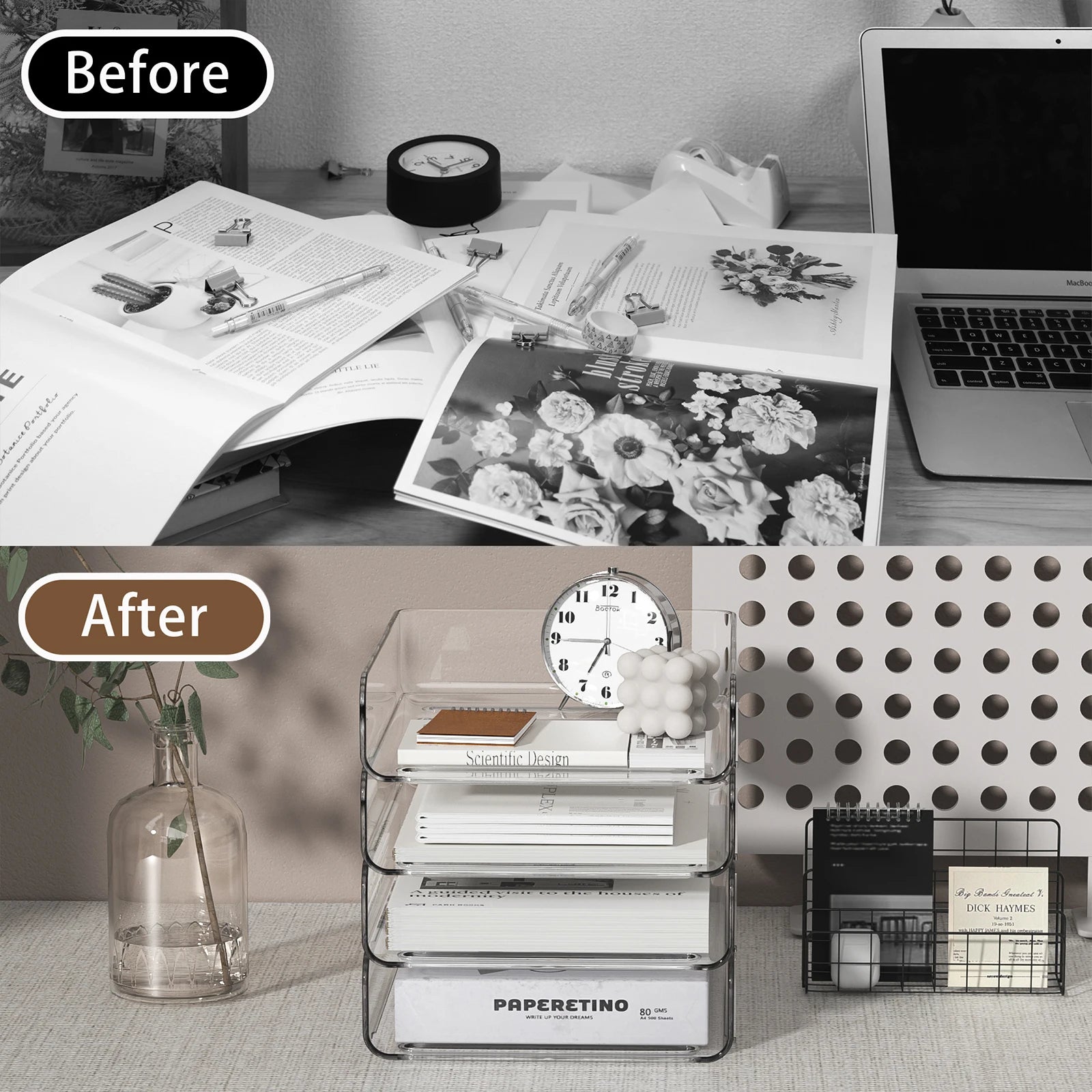 4-Tier Desk Paper Storage Rack, Stackable Desktop Paper Storage Tray, Great for Office Supplies, A4 Storage (Transparent, 4-Tier
