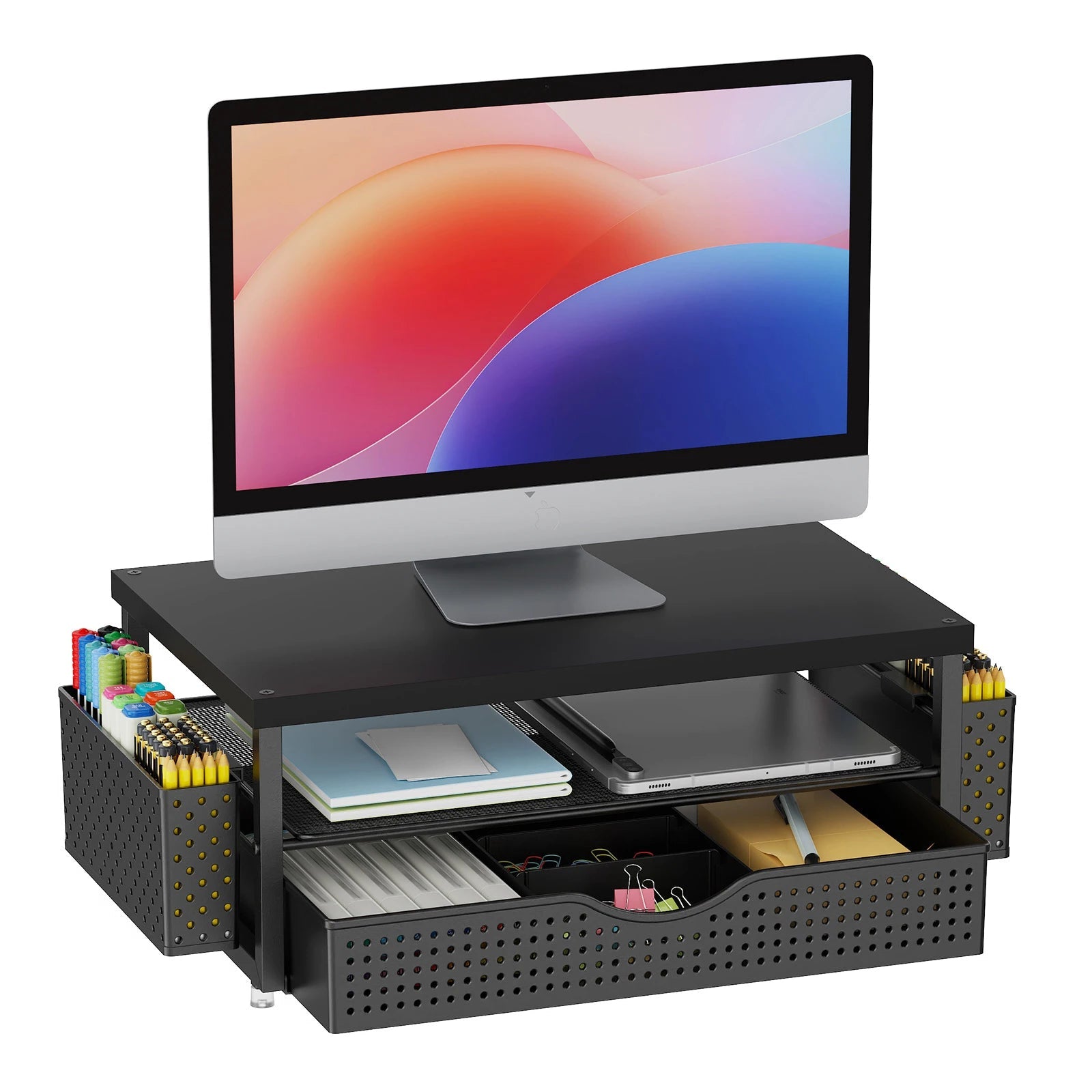 2-Tier Computer Monitor Stand Riser with Drawer and 2 Pen Holders Computer Stand Desk Monitor Riser Office Desk Accessories
