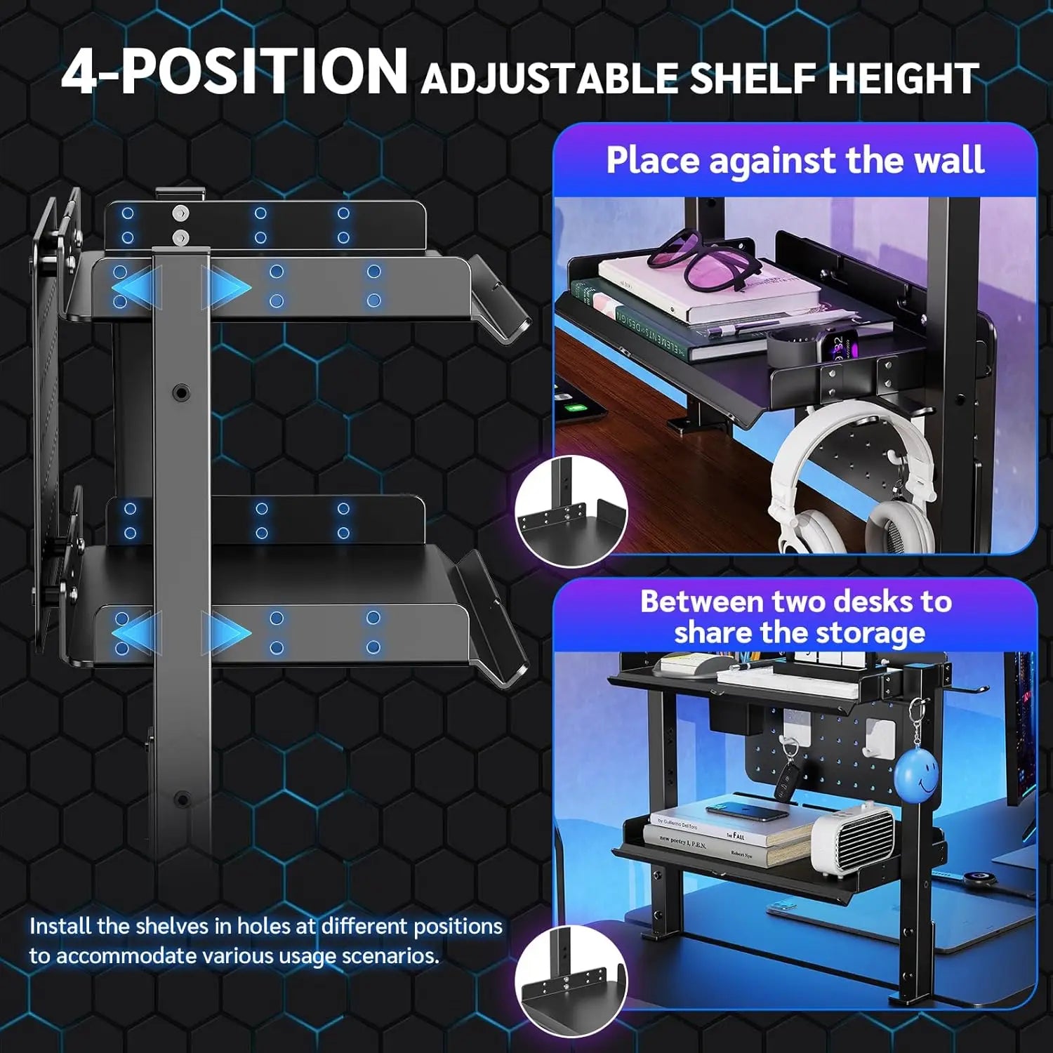 Metal Clamp On Desk Shelf,Adjustable 16 inch Desk Storage Shelves with Pegboard Pencil Holder Desktop Organizer Headphone Holder
