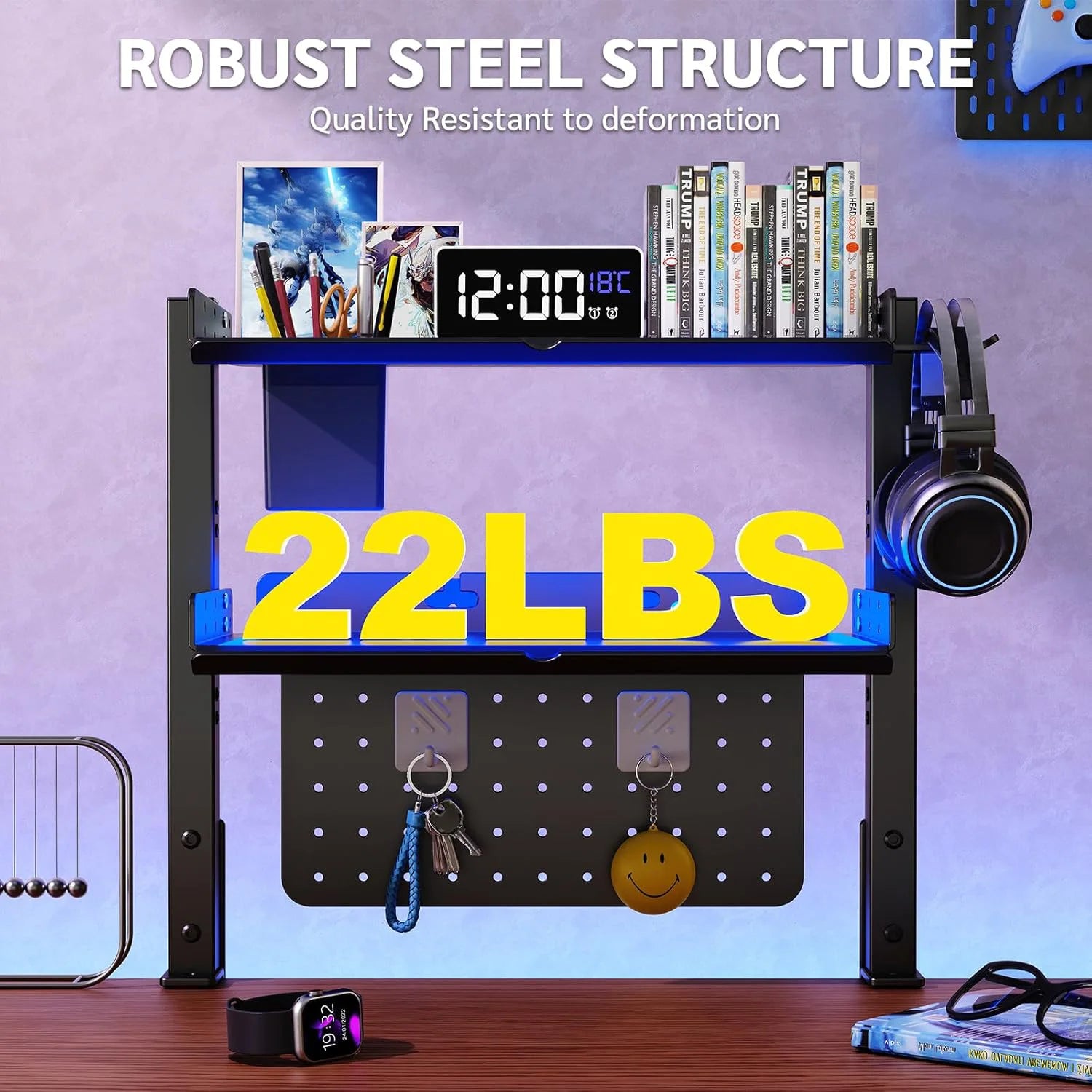 Metal Clamp On Desk Shelf,Adjustable 16 inch Desk Storage Shelves with Pegboard Pencil Holder Desktop Organizer Headphone Holder