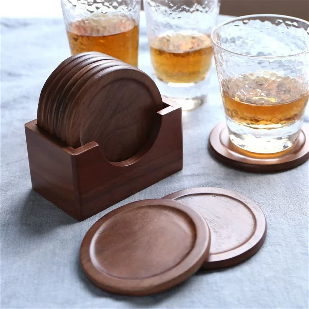 6pcs/set Solid Walnut Wood Coaster Round Square Beech Blank Wood Cup Mat Durable Heat Resistant Tea Coffee Cup Pad Placemats