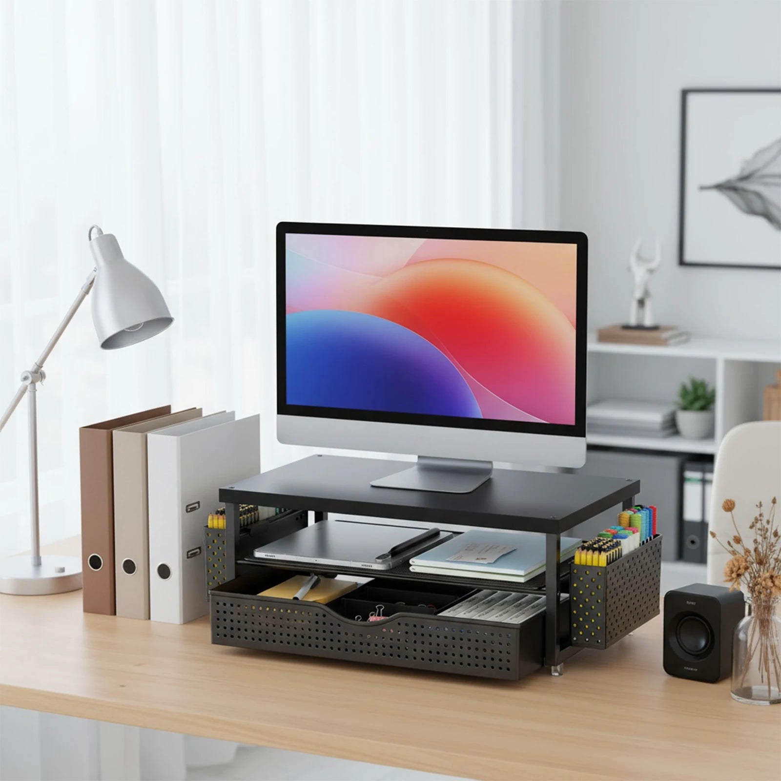2-Tier Computer Monitor Stand Riser with Drawer and 2 Pen Holders Computer Stand Desk Monitor Riser Office Desk Accessories