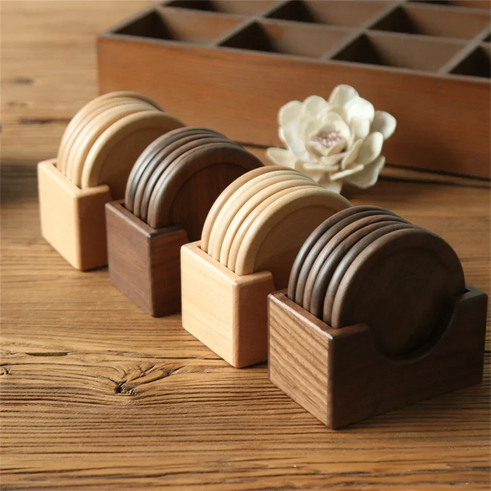 6pcs/set Solid Walnut Wood Coaster Round Square Beech Blank Wood Cup Mat Durable Heat Resistant Tea Coffee Cup Pad Placemats