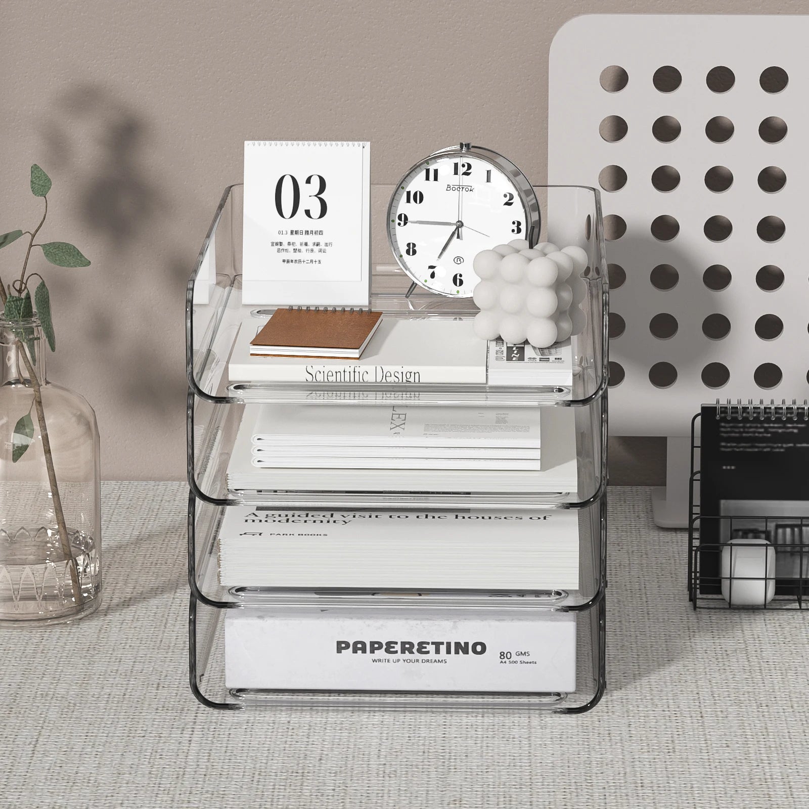 4-Tier Desk Paper Storage Rack, Stackable Desktop Paper Storage Tray, Great for Office Supplies, A4 Storage (Transparent, 4-Tier