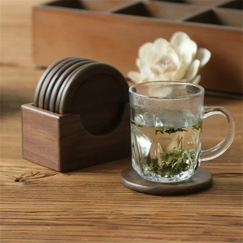 6pcs/set Solid Walnut Wood Coaster Round Square Beech Blank Wood Cup Mat Durable Heat Resistant Tea Coffee Cup Pad Placemats