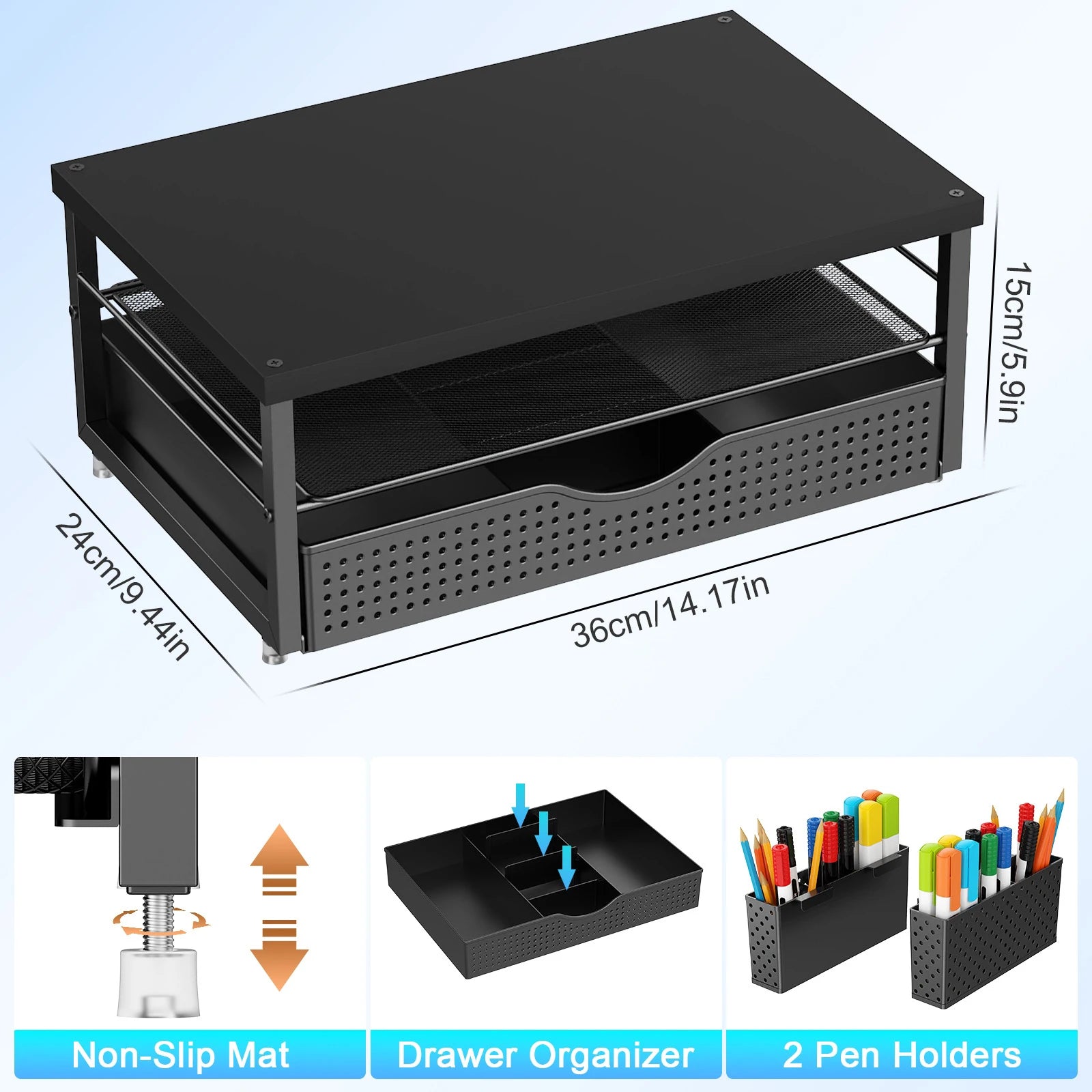 2-Tier Computer Monitor Stand Riser with Drawer and 2 Pen Holders Computer Stand Desk Monitor Riser Office Desk Accessories