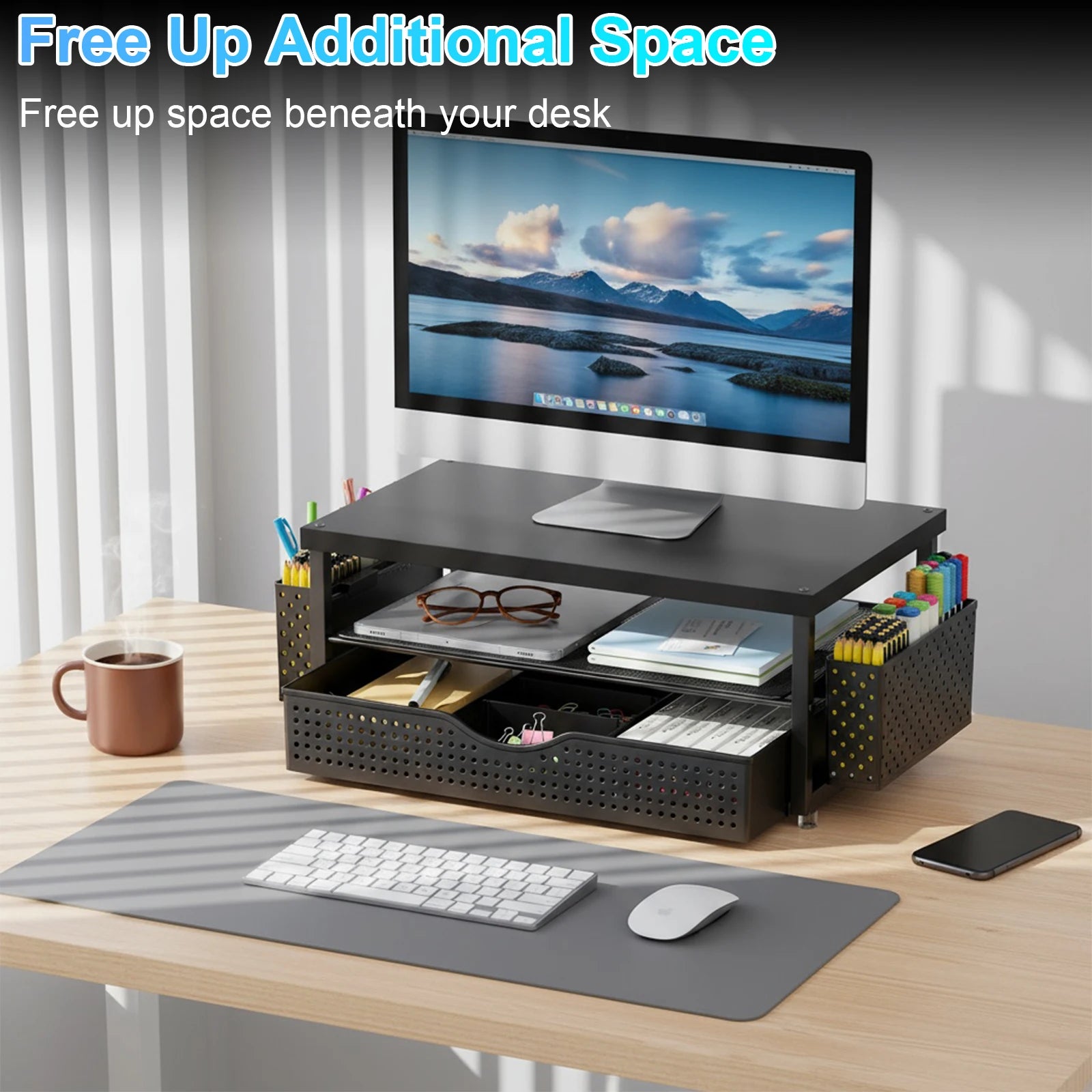 2-Tier Computer Monitor Stand Riser with Drawer and 2 Pen Holders Computer Stand Desk Monitor Riser Office Desk Accessories