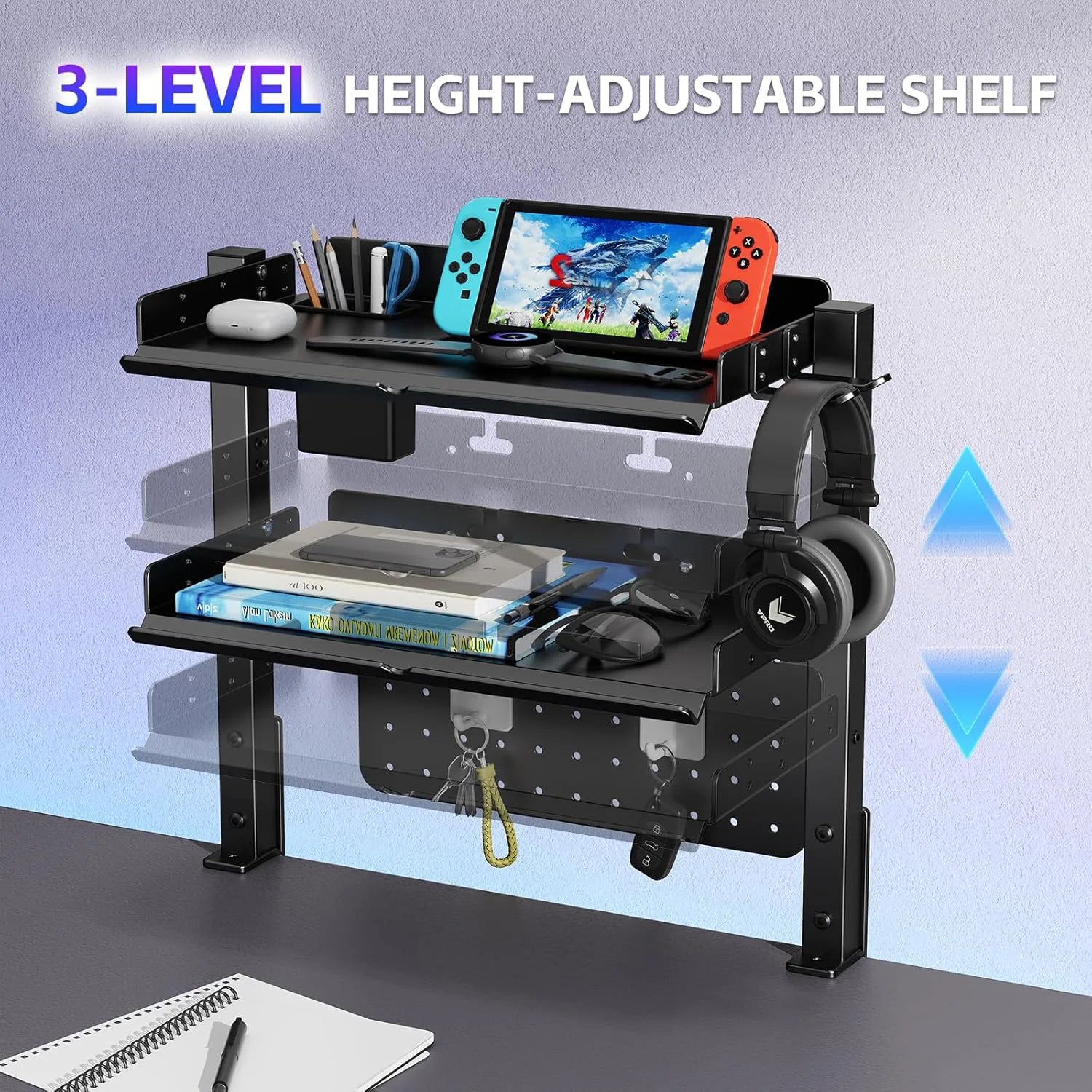 Metal Clamp On Desk Shelf,Adjustable 16 inch Desk Storage Shelves with Pegboard Pencil Holder Desktop Organizer Headphone Holder