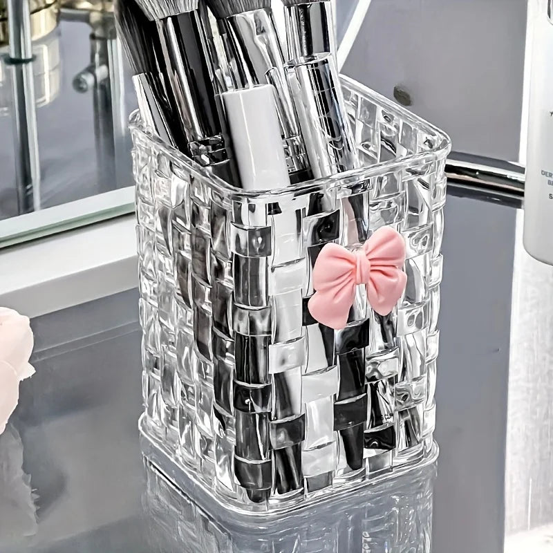 1pc Clear Acrylic Desk Organizer with Bow Accent-Durable Pen Holder and Storage Basket for Office Supplies,Pens,and Accessories