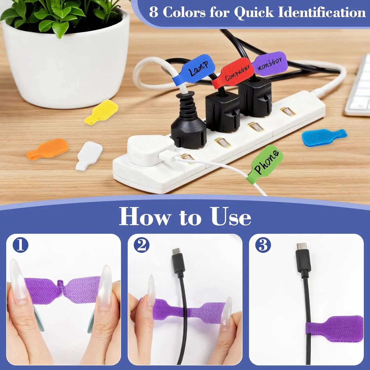 10-100pcs Reusable Waterproof Cable Labels Color-Coded Organizer Straps Data Charger Cords Management Home Office Travel