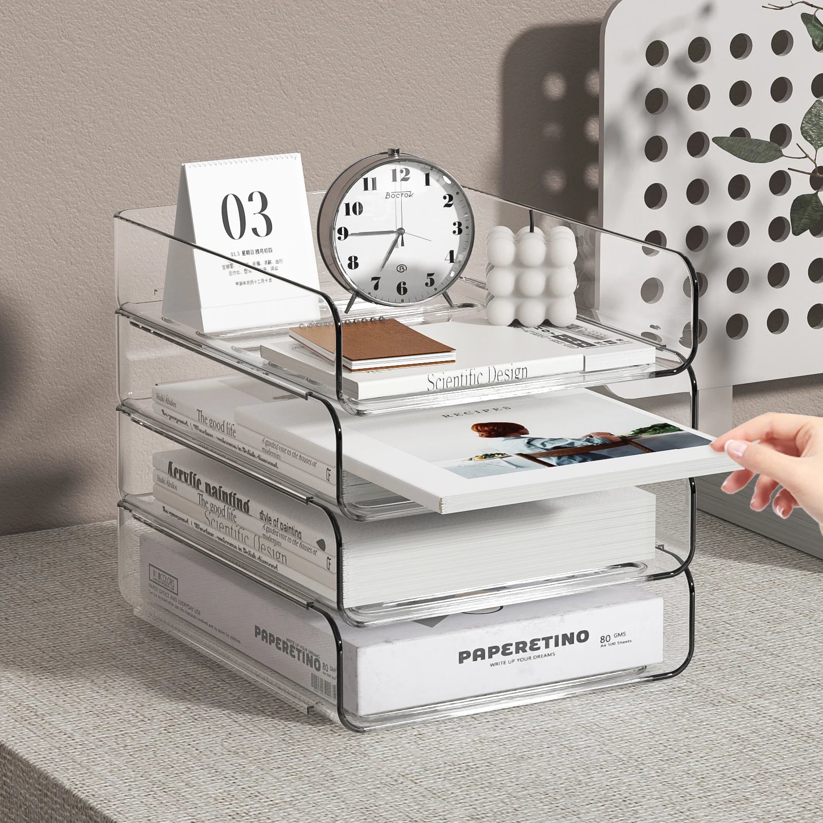 4-Tier Desk Paper Storage Rack, Stackable Desktop Paper Storage Tray, Great for Office Supplies, A4 Storage (Transparent, 4-Tier